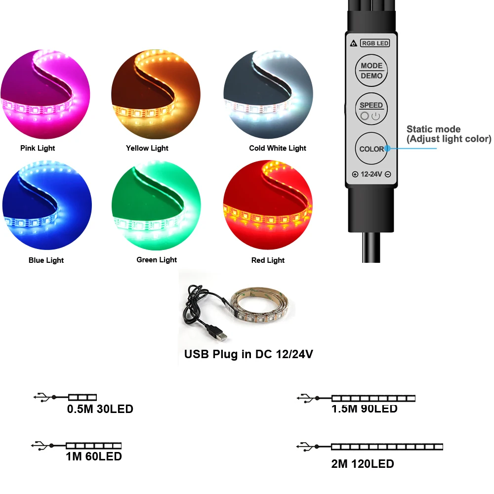 RGB USB светодиодные ленты 12В SMD3528 Водонепроницаемая гирлянда для настольного