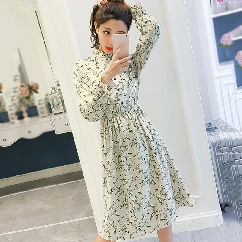CHICEVER 2019 Spring Floral Dress For Women Stand Collar Flare Sleeve High Waist Corduroy Vintage Dresses Fashion Clothes New | Женская