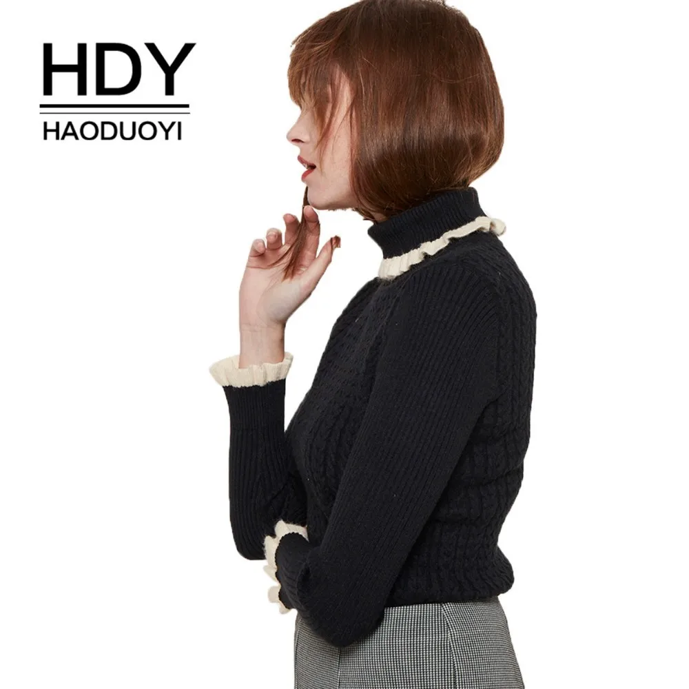 HDY Haoduoyi 2019 New Cute Girl Pure Simple Contrast Wood Ear Lapel Slim Knit Sweater | Женская одежда