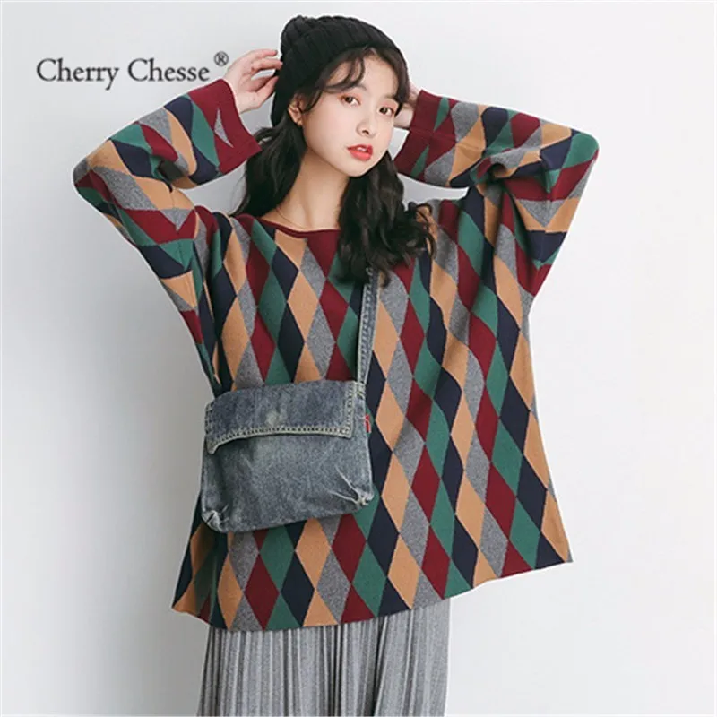 Cherry Chesse Harajuku Vintage Geometric Plaid Sweater Long Sleeve O Neck Pullovers Women Autumn Casual Knitted | Женская одежда