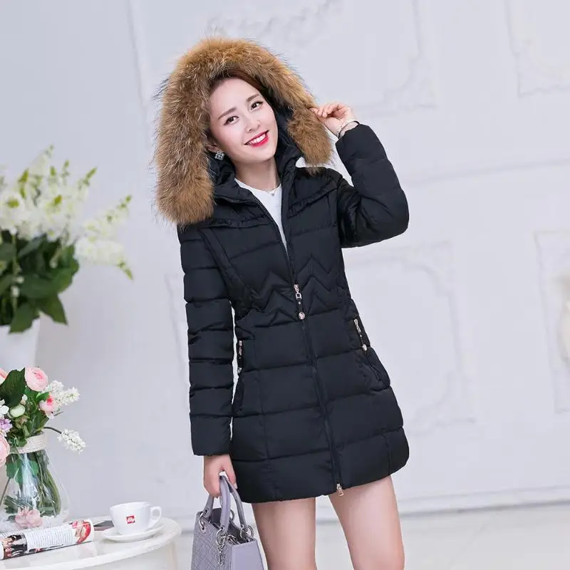 

Winter Warm Jackets Slim Fit Thicken Hooded Women Long Parkas Solid Color Fur Collar Pockets Thick Warm Outerwear