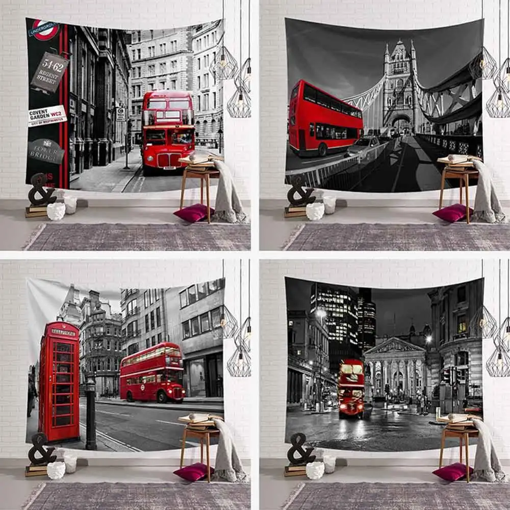 300x150cm British Style Tapestry European Red Bus Printed Wall Hanging 4 Sizes 3D Art Carpet City Landscape Home Decor | Дом и сад