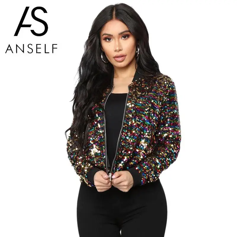 Anself Женщины Bomber Jacket Красочные Блестками Bling Блесток пальто женщин С Длинным