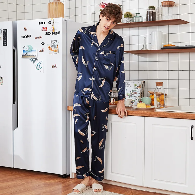 Мужская пижама Silk-как Для мужчин с длинными рукавами штаны пижамный комплект