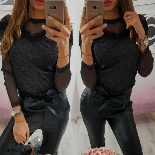 Футболка женская кружевная блестящая с длинным рукавом|Футболки| |