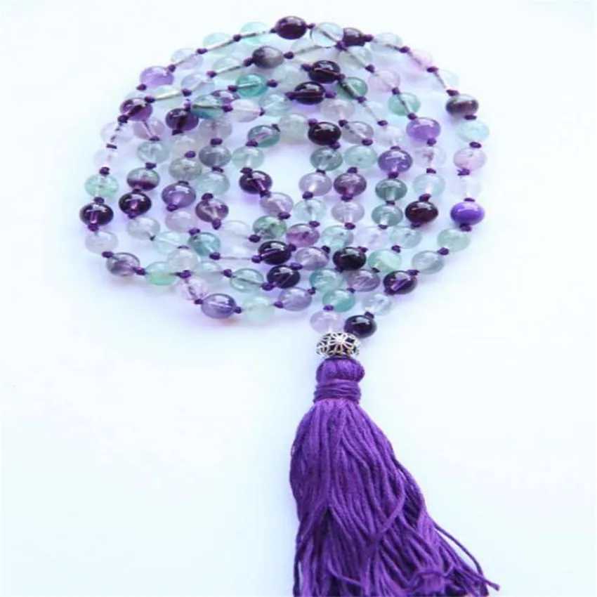 Ожерелье e HandmadeMM 108 флюорит Mala mencuff радужная длинная духовность хлопковые Чаки с
