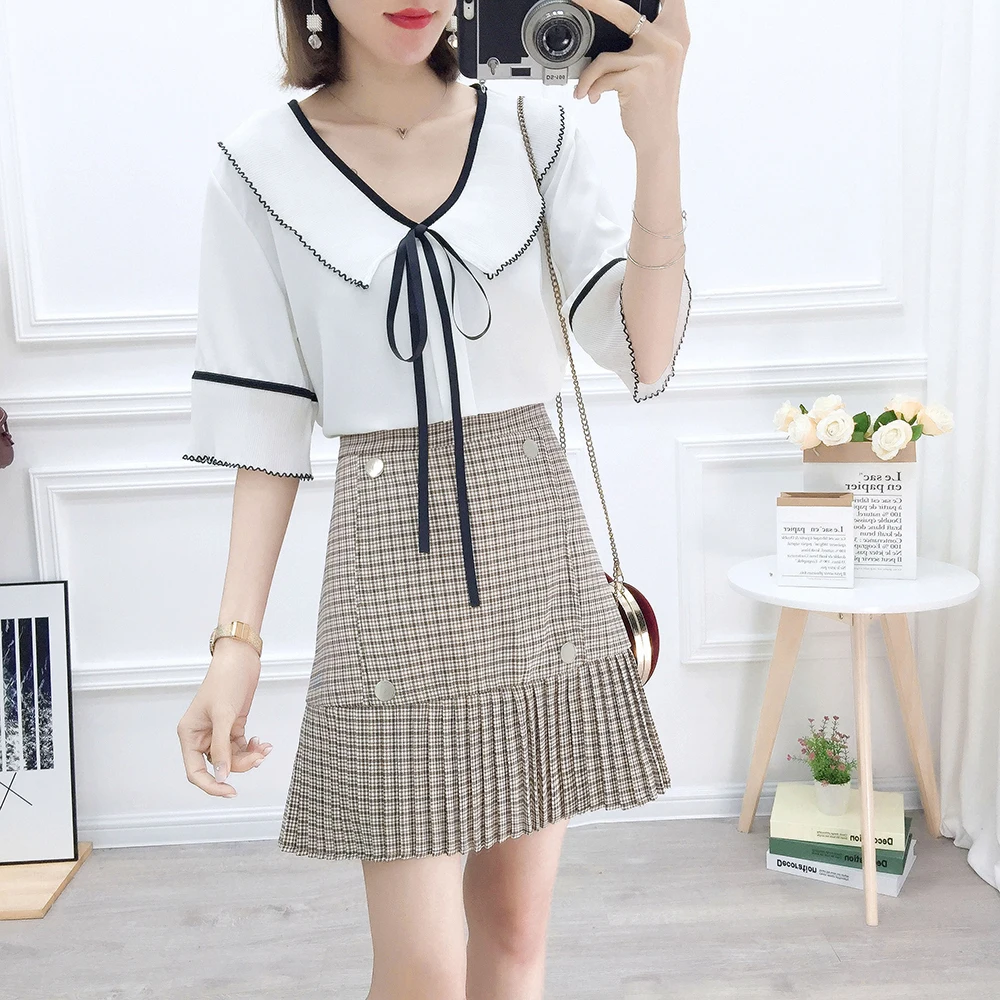 Женский шифоновый костюм с юбкой плиссированная сетчатая блузка бантом из двух