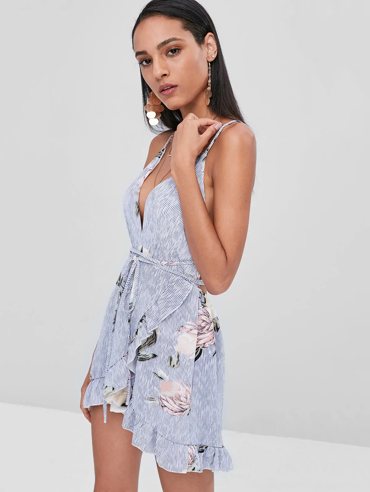 ZAFUL Floral Stripes Overlap Mini Dress Criss-Cross Ruffles V-Neck A-Line Spaghetti Strap Women Summer 2019 Vestidos | Женская одежда