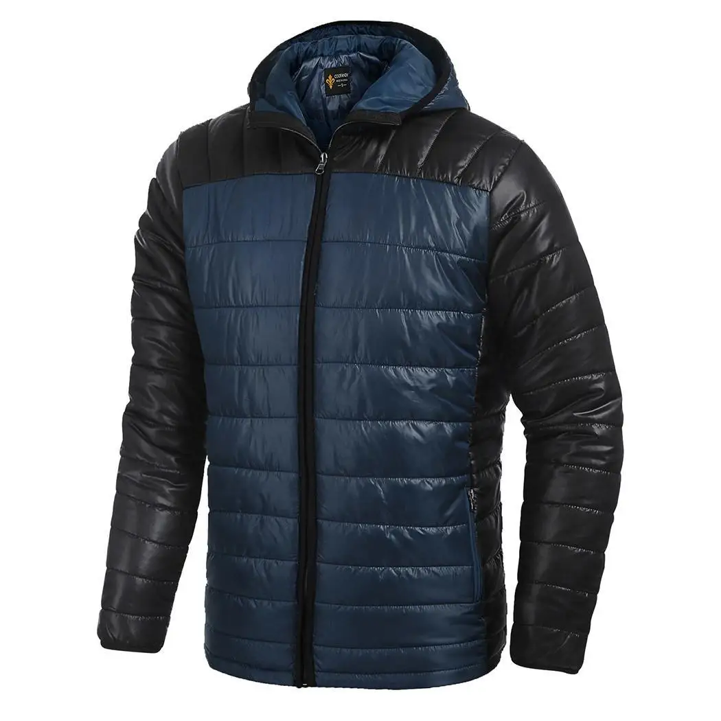 Men Hooded Long Sleeve Contrast Color Winter Zip-up Pockets Channel Quilted Padded Casual Front Jacket Patchwork | Мужская одежда