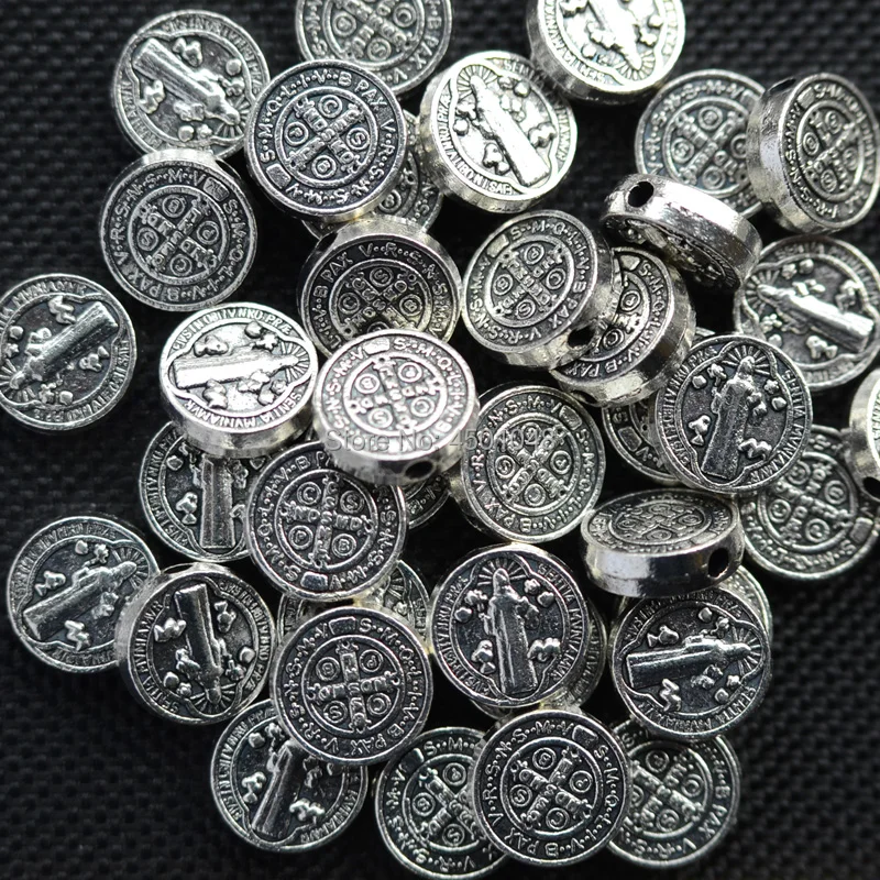 Catholic St Benedict Saint Beads metal Benedicti antique silver Bead Bracelet Accessories Religious Medallion 100pcs 10mm | Украшения и