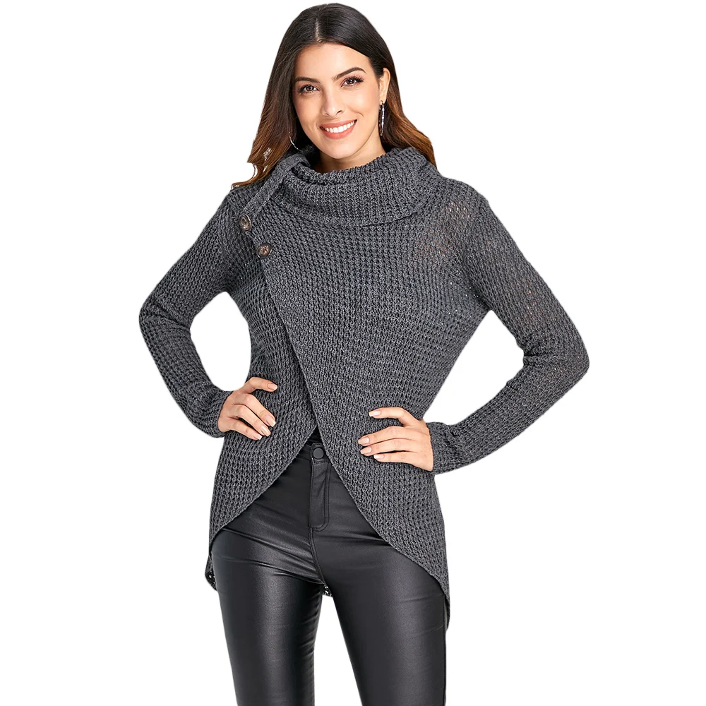 Wipalo Autumn Women Sweater Casual Cowl Neck Buttons Knit Asymmetric Sweaters Pull Femme Winter Tops Pullover New Solid Jumpers | Женская