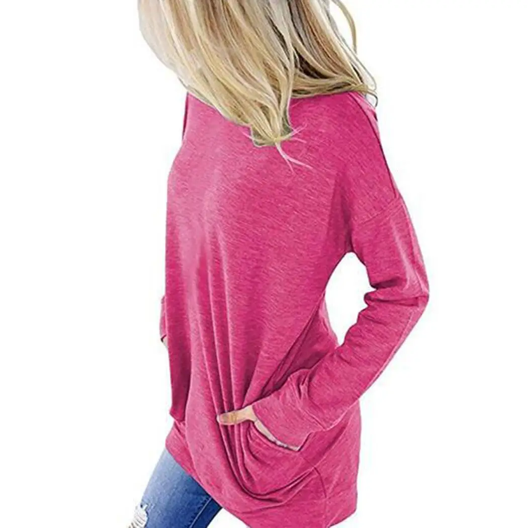 Woman Casual T-shirt Multi-color Solid Color Women Pockets Decor Loose Causal O-Neck Top Long Sleeve | Женская одежда