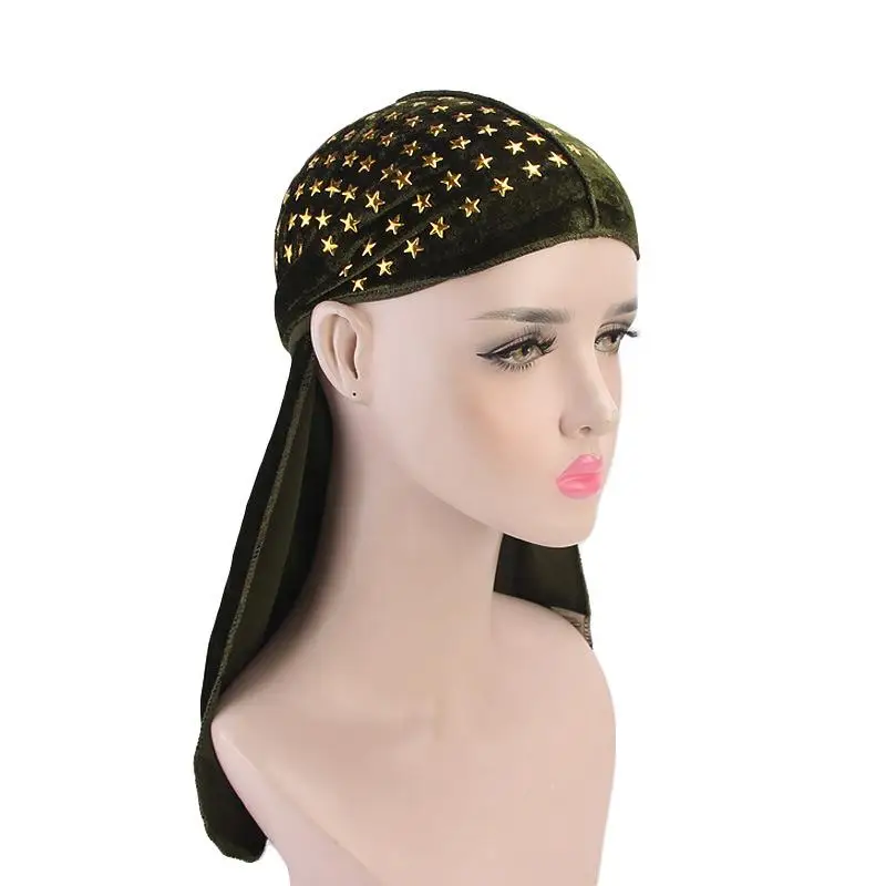 

Unisex Men Women Velvet Turban Bandana Star Rivet Long Tail Headscarf Pirate Cap Muslim Headwrap Islam Hair Loss Skullies Beanie