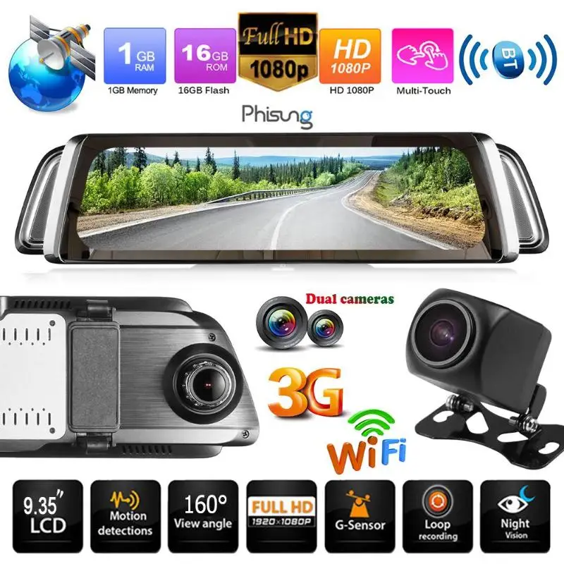 Phisung G05 9 35 &quotWiFi 3G Android 5 0 Автомобильное зеркало заднего вида DVR Dashcam Авто Full HD 1080P
