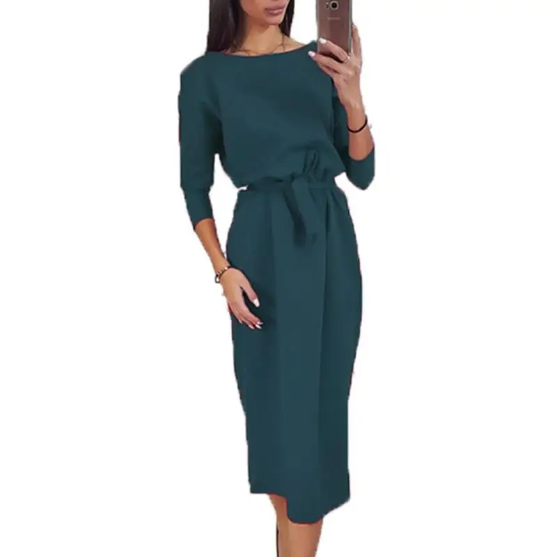 

2020 Fashion Spring Women Dresses Casual O-Neck 3/4 Sleeve Straight Sexy Back Vestidos Femme Clothing SJ1670C