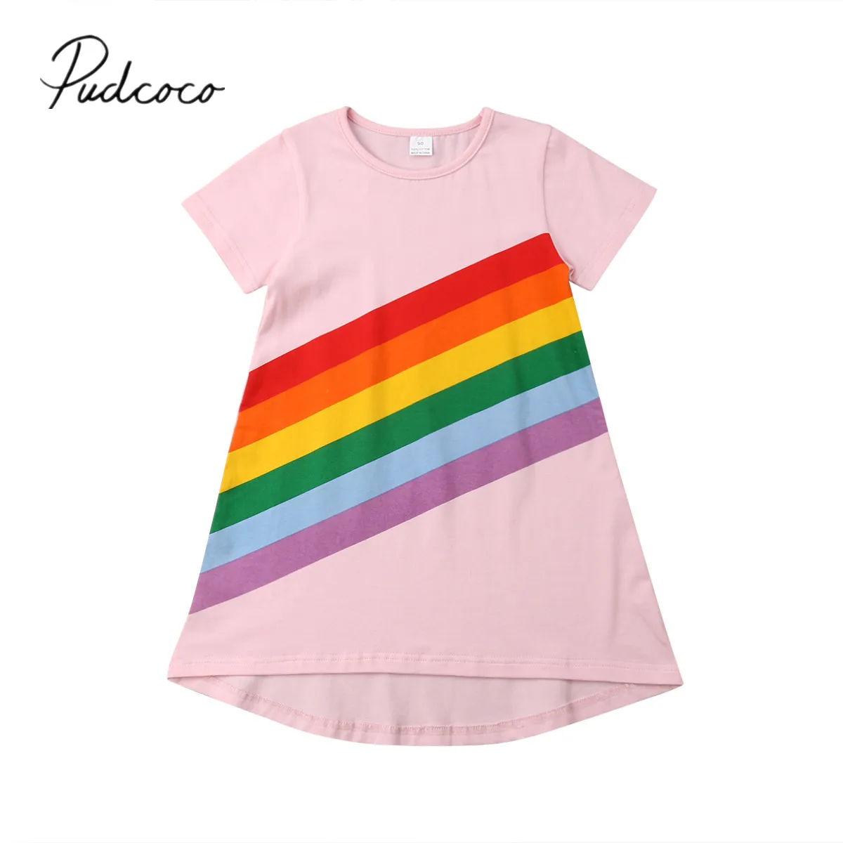 2019 Brand New Toddler Baby Girls Dress Colorful Rainbow Print Long Sleeve Pink Cotton A-Line Causal Summer Clothes 1-6Y | Детская