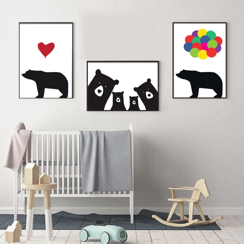 Cute Cartoon Animal Black and White Bear Family Canvas Painting Poster Print Nordic Wall Art Picture Nursery Kids Bedroom Decor | Дом и сад