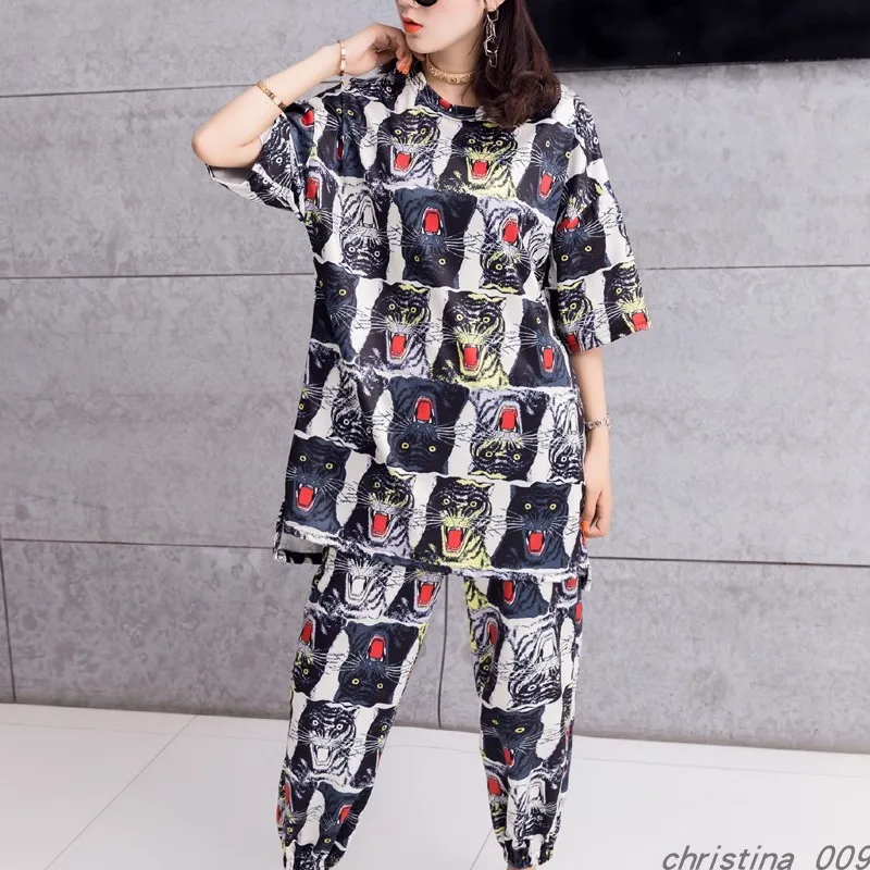 QING MO Женский комплект 2019 Vogue для женщин с принтом кота животными набор коротким
