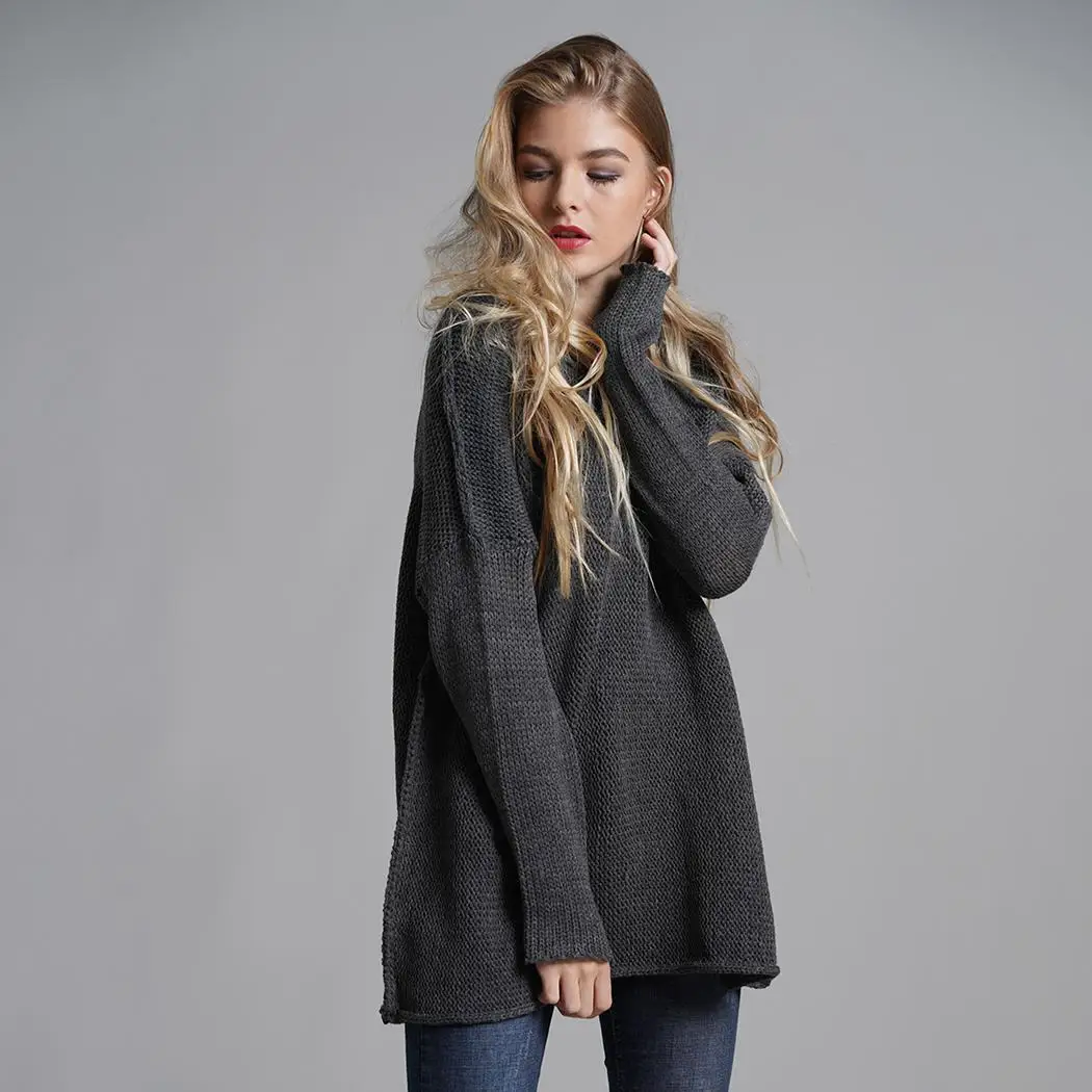 Women Casual O-Neck Long Sleeve Solid Autumn Winter Loose Pullover Dark Red Gray Black Blue Sweater | Женская одежда