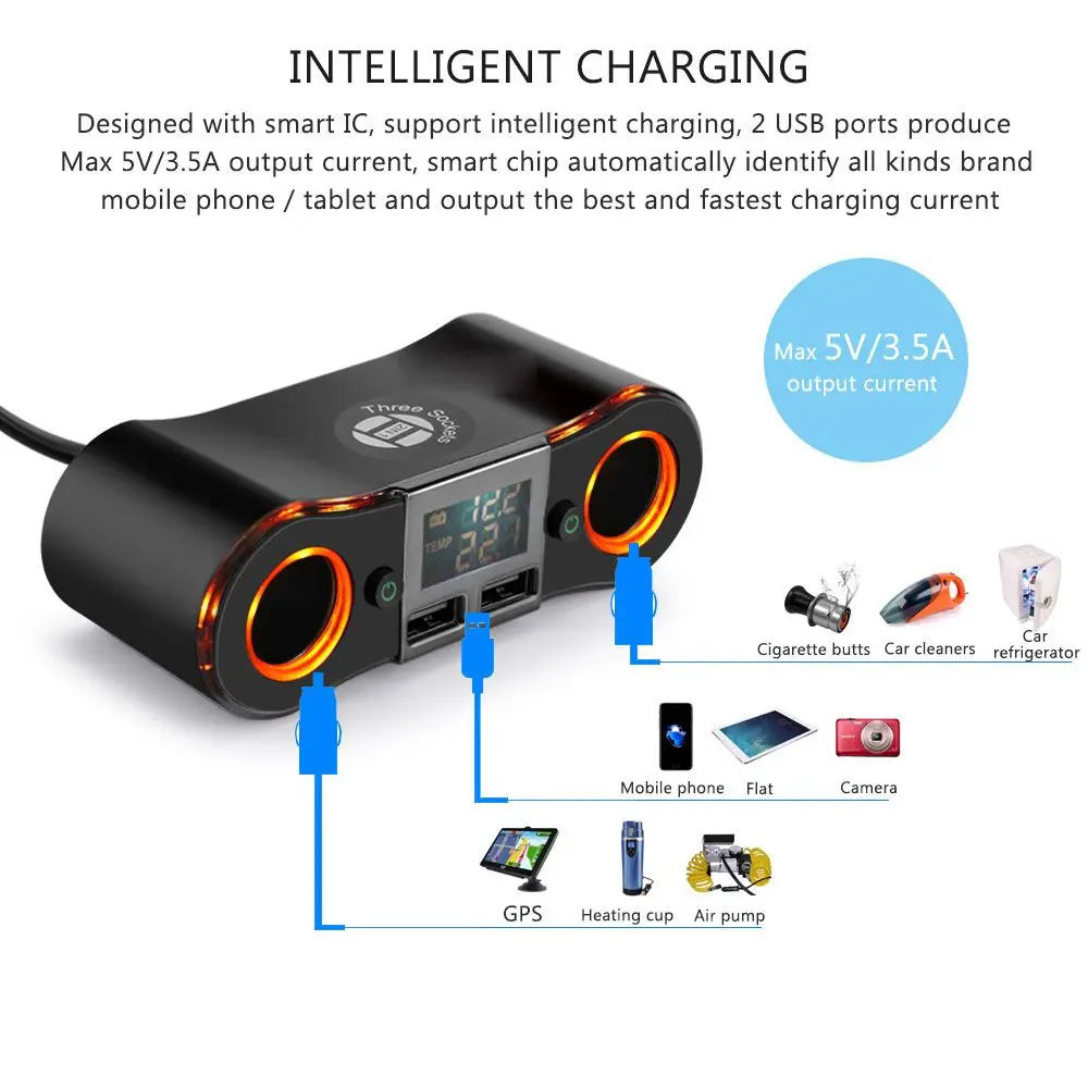 12V 24V Car Charger 80W Dual USB Cigarette Lighter Adapter 2 Socket Splitter Independent Switch Power For Smartpho | Электроника