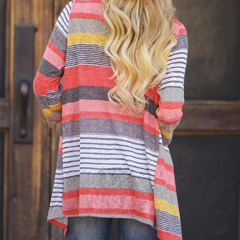 Jocoo Jolee Women Colorful Striped Knitted Sweater 3/4 Sleeve Irregular Cardigans 2019 New Fashion Loose Coat Casual Outwear |