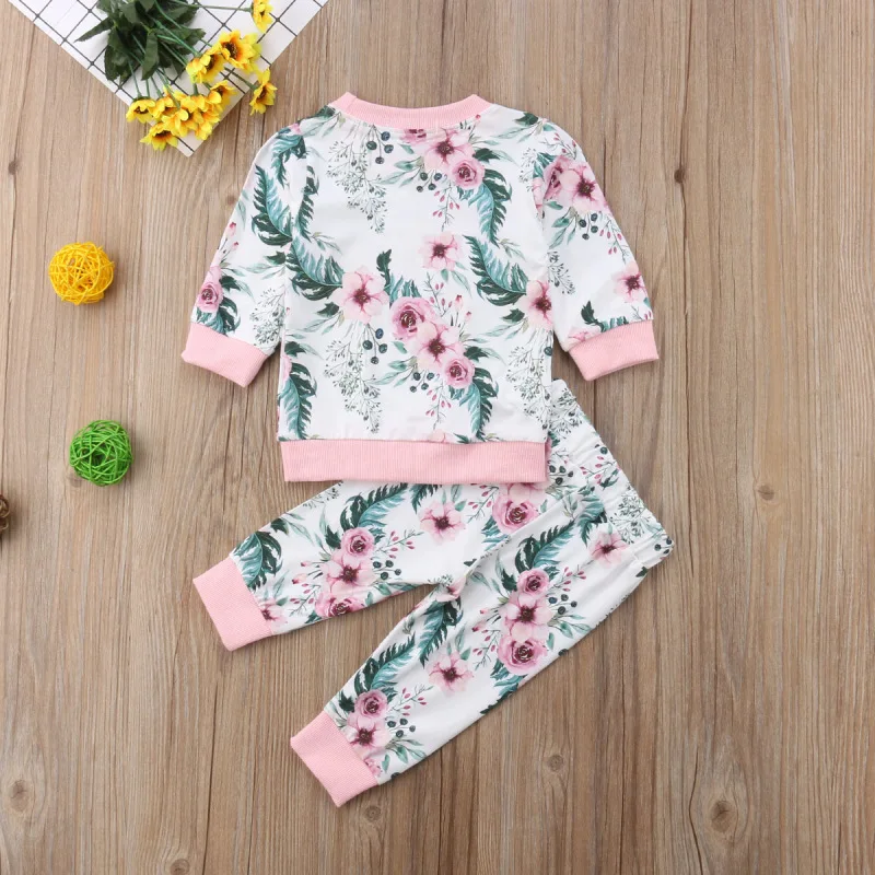 

2019 Spring Toddler Baby Girls Fashion Clothes Sets 2PCS Cotton Long Sleeve Flower Pullover Sweatshirt Tops+Pants Outfit 6M-3Y