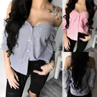 Летняя женская блузка, женская блузка, сексуальная, с открытыми плечами, в полоску, с принтом, короткая блузка, женские топы, рубашка, mujer de moda, новинка 2018