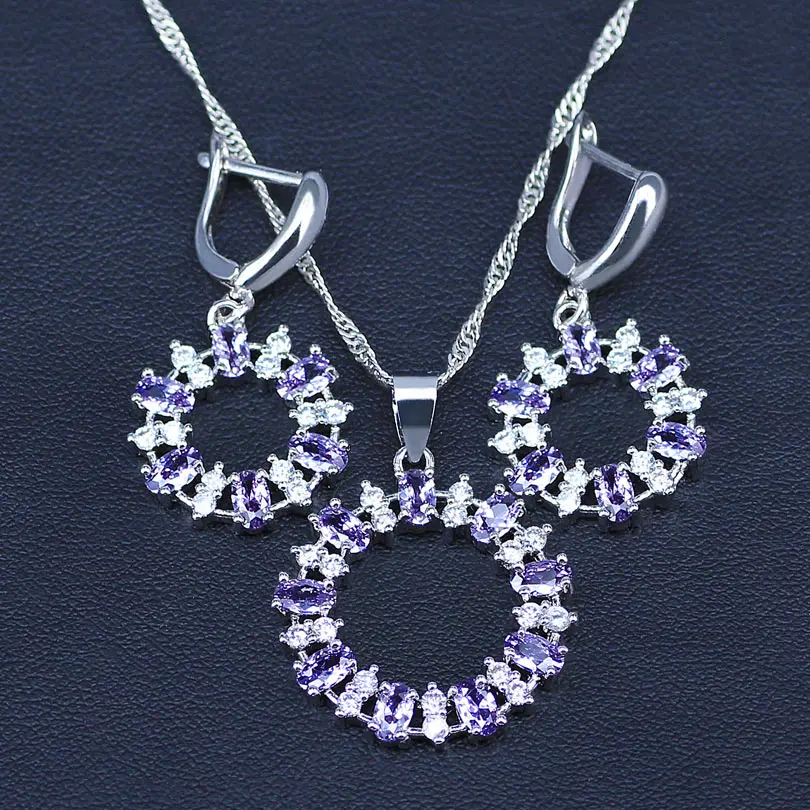 Round 925 Silver Jewelry Purple Cubic Zirconia White Crystal Sets For Women Earrings/Pendant/Necklace/Bracelet | Украшения и