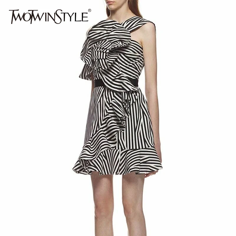 TWOTWINSTYLE Striped Dress Women Off Shoulder Irregular Ruffles Patchwork A Line Sexy Mini Dresses Female Summer Fashion Clothes | Женская