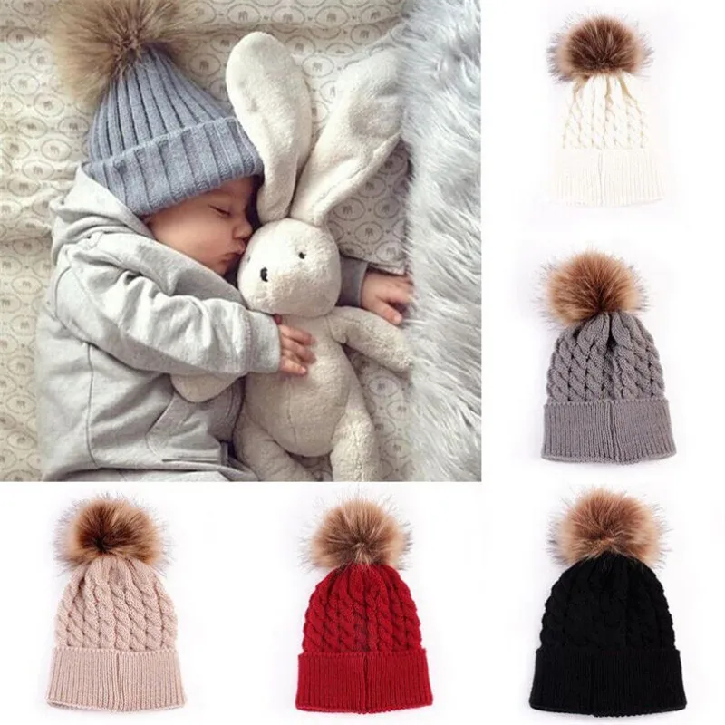 

2PCS Mom Mother Baby Knitted Pom Bobble Hats Kids Girls Boys Winter Warm Beanie Adults Kids Stretch Patchwork Ball Caps Hats Hot