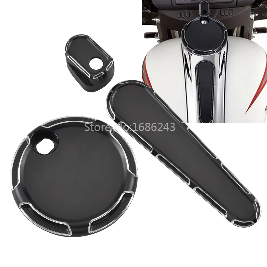 

Black Aluminum Alloy Fuel Gas Tank Cover&Dash Track Insert&Ignition Cap Fits For Harley FLHX 14-up 15 16 17 18 19