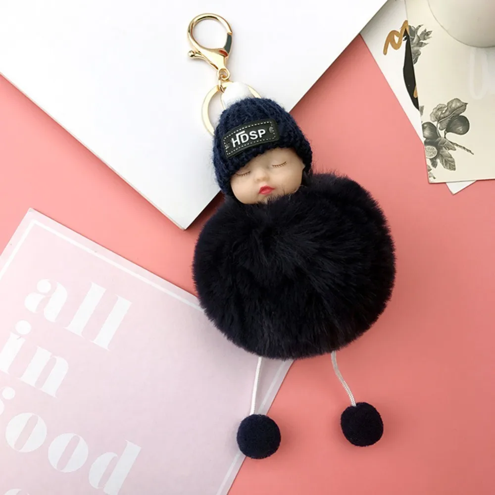New Cute Sleeping Baby Doll Keychain Pompom Rabbit Fur Ball Key Chain Car Keyring Women Holder Bag Pendant Charm Accessory | Дом и сад