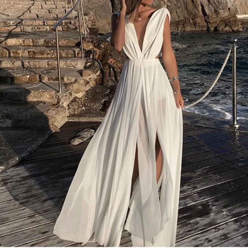 Модное белое шифоновое платье sukienka vestido robe femme длинное сексуальное прозрачное