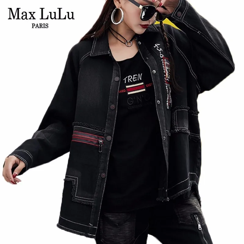 Женская джинсовая куртка Max LuLu черная с принтом в Корейском стиле 2019|Женские
