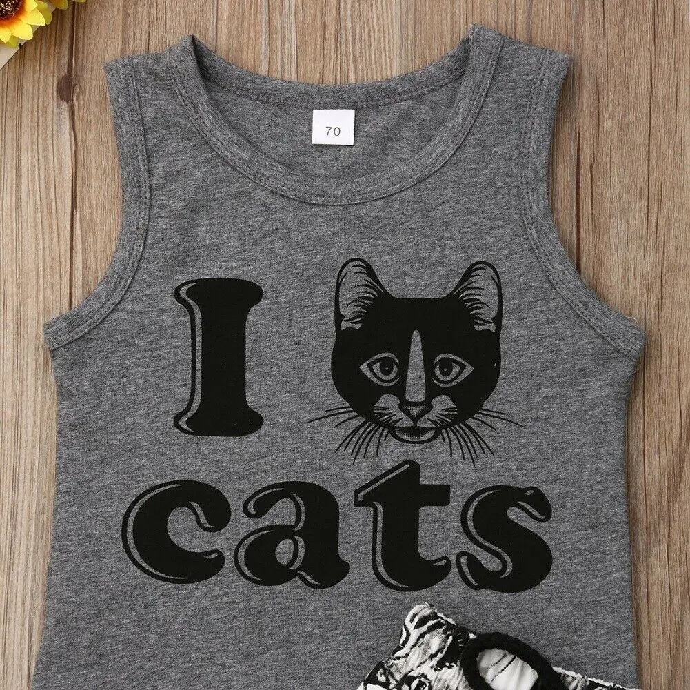2019 Children Summer Clothing Infant Kid Baby Boy Clothes 0-24M Animal Sleeveless Tank Shirt+Shorts Pants Cats Print Outfits Set |