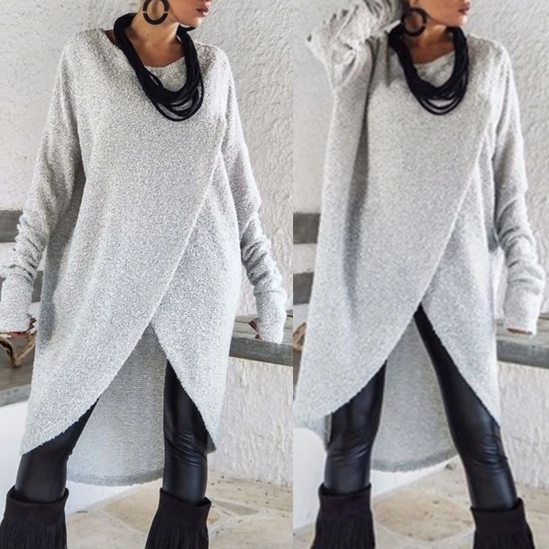 Женская одежда негабаритных мода с длинным рукавом Круглый вырез асимметричное