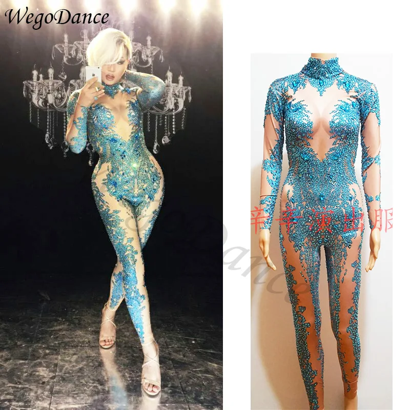 

new fashion Skinny Blue Crystals Jumpsuit Female Singer Dancer Stones Costume One-piece Bodysuit Nightclub Oufit Party Leggings