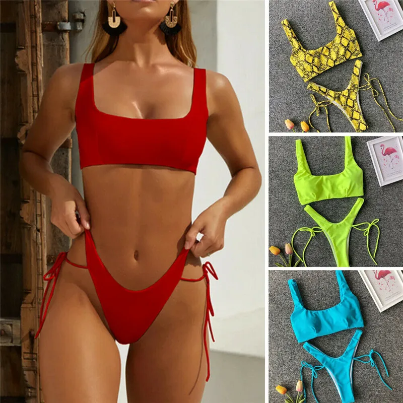 

Sexy High Waist Bikini Set 2019 Newest Push-Up Padded Swimwear Pure Color Swimsuit Lace Up Bathing Suit Female Beachwear Tankini