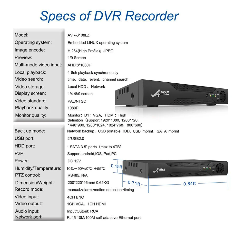 Новый ANRAN видеонаблюдения 2.0MP 8CH AHD DVR Системы комплект 4 шт 3000TVL 1080 P День Ночь