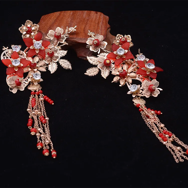 2018 new Chinese flower Red beads tassel bride head wear ancient tiara costume wedding hair jewelry | Украшения и аксессуары