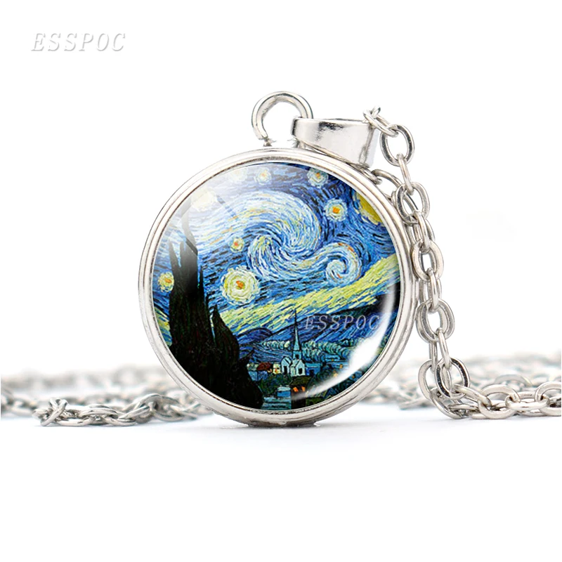

Van Gogh Monet Klimt's Paintings Necklace Handmade Glass Pendant Jewelry Silver Color Chain Necklaces Fashion Gift for Women