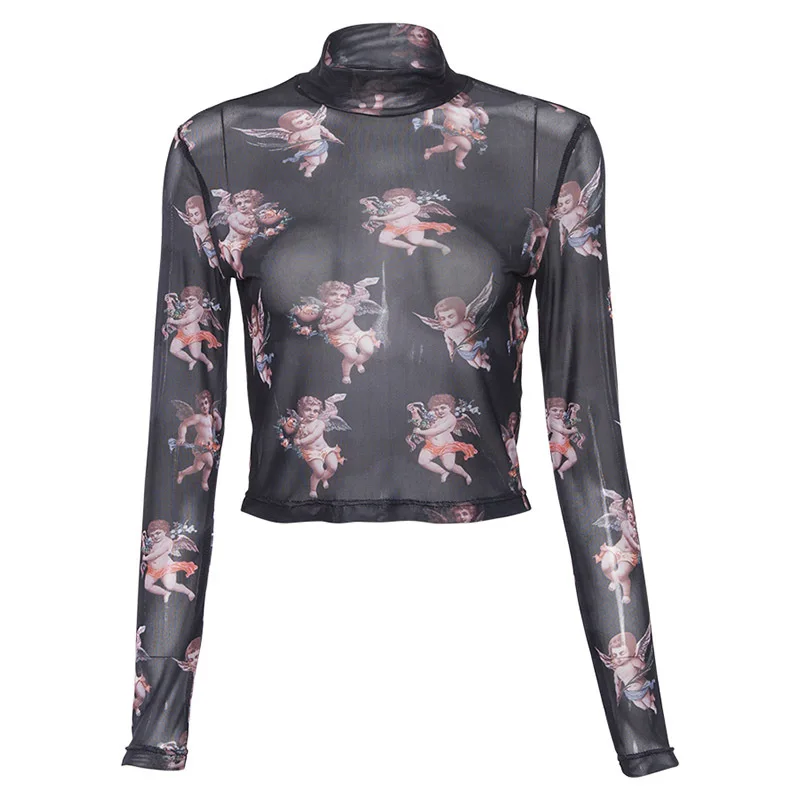 Женская футболка с длинным рукавом Прозрачная Футболка принтом Микеланджело и