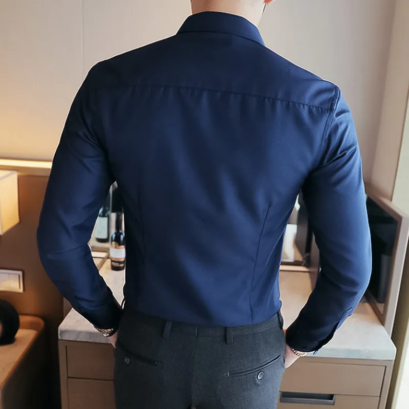 2019 Men's Business Casual Long Sleeved Shirt High Quality Male Social Dress Black Blue White | Мужская одежда