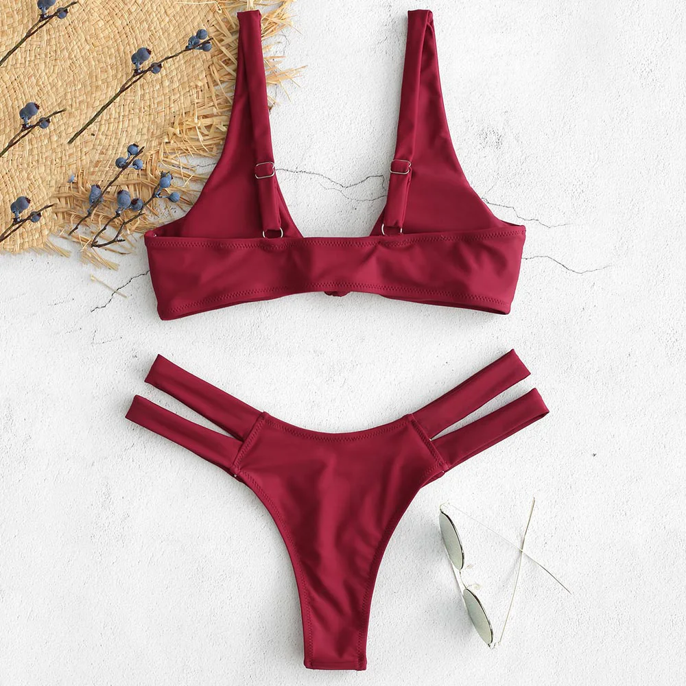 ZAFUL набор бикини 2019 с завязками спереди сексуальные стринги Одноцветный