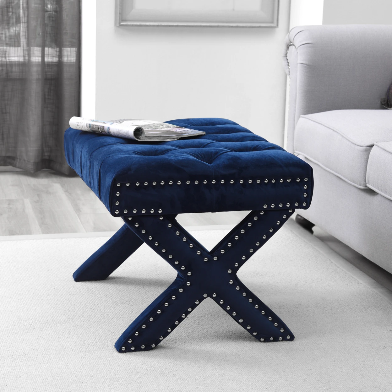 Emma Velvet Button Tufted Ottoman-X-Legs | Серебряная отделка Nailhead современный и функциональный