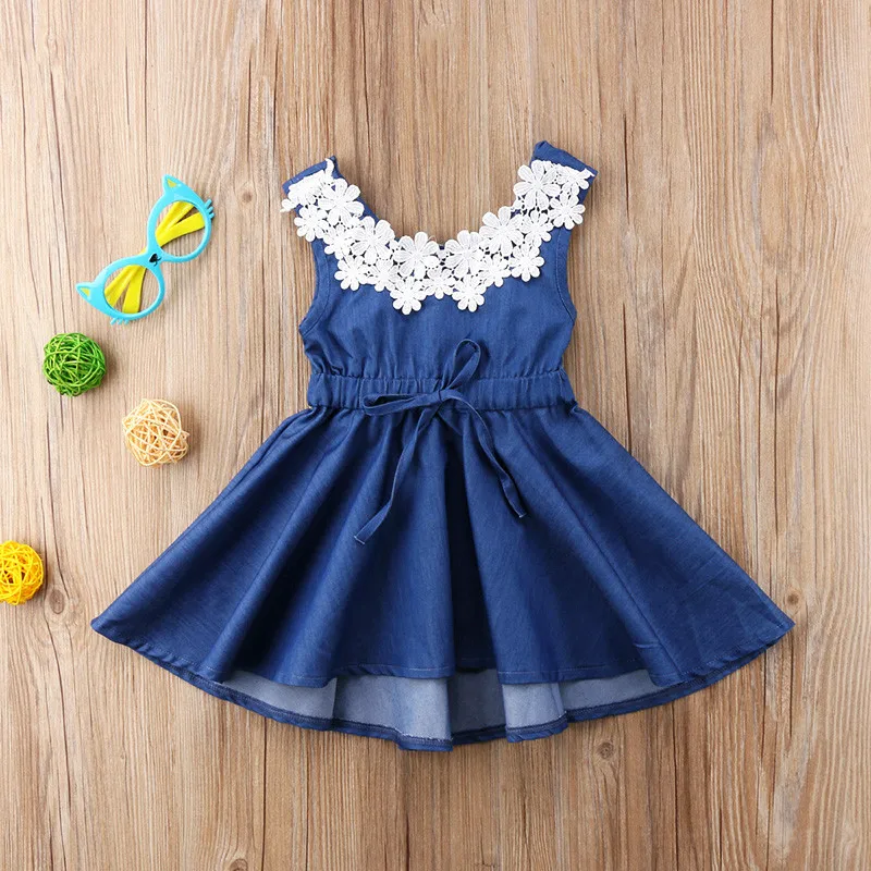 New Summer Kids Baby Girl Lace Floral Dresses Sleeveless Denim Princess Party Dress Lacing Solid Casual Sundress Clothes | Детская