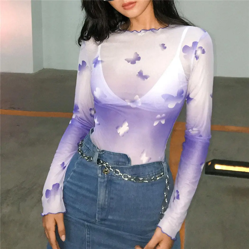 New Fashion Women Casual Fungus Collar See Purple Regular Through Slim Bodycon Pullover Prints None Tops |