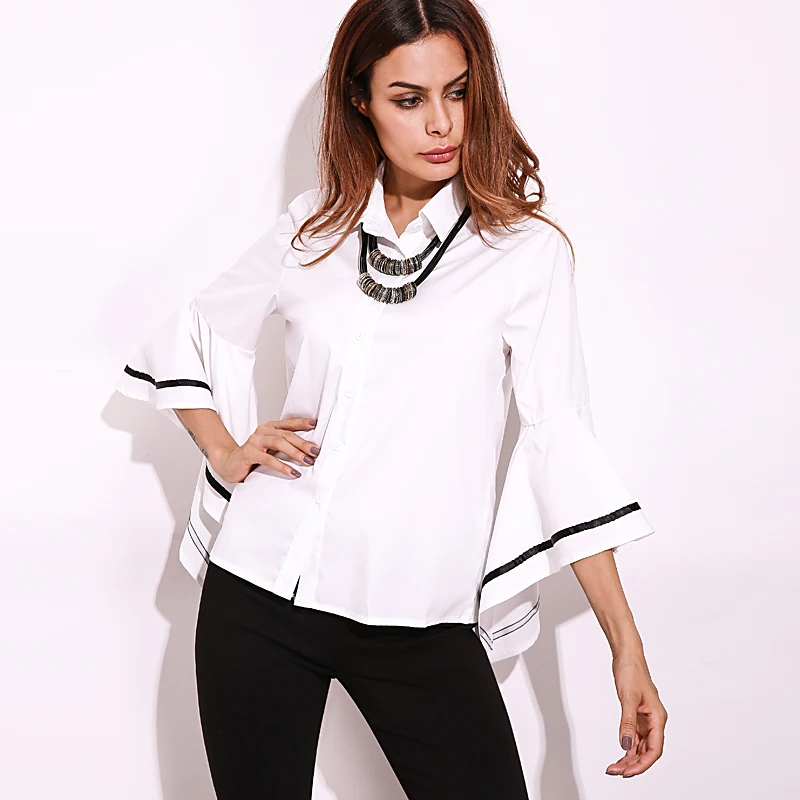 ZANZEA, женская рубашка, топы, Blusas, женская элегантная блузка с рукавами-колокольчиками, повседневная, для работы, белые рубашки, пэчворк, черная, в полоску, Blusa Feminina