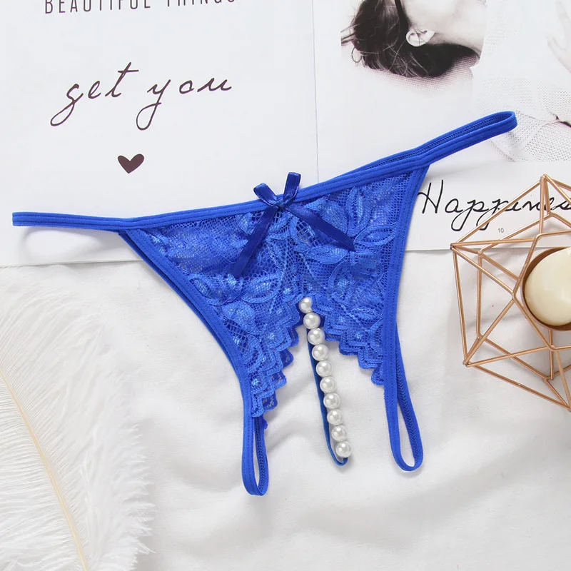AIIOU Women Sexy Panties Lace Thongs G Strings Underwear Floral Erotic Low Waist Intimates Pearl Transparent Thong Underwear