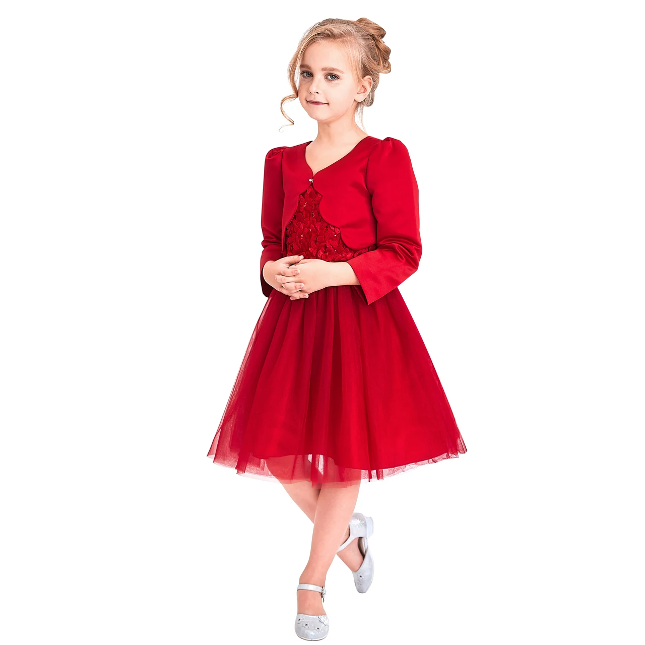 Sunny Fashion платья для девочек новогодние костюмы Цветок красный Длинный рукав